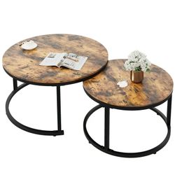 Round Wood Coffee Table, Rustic Brown (Set of 2)