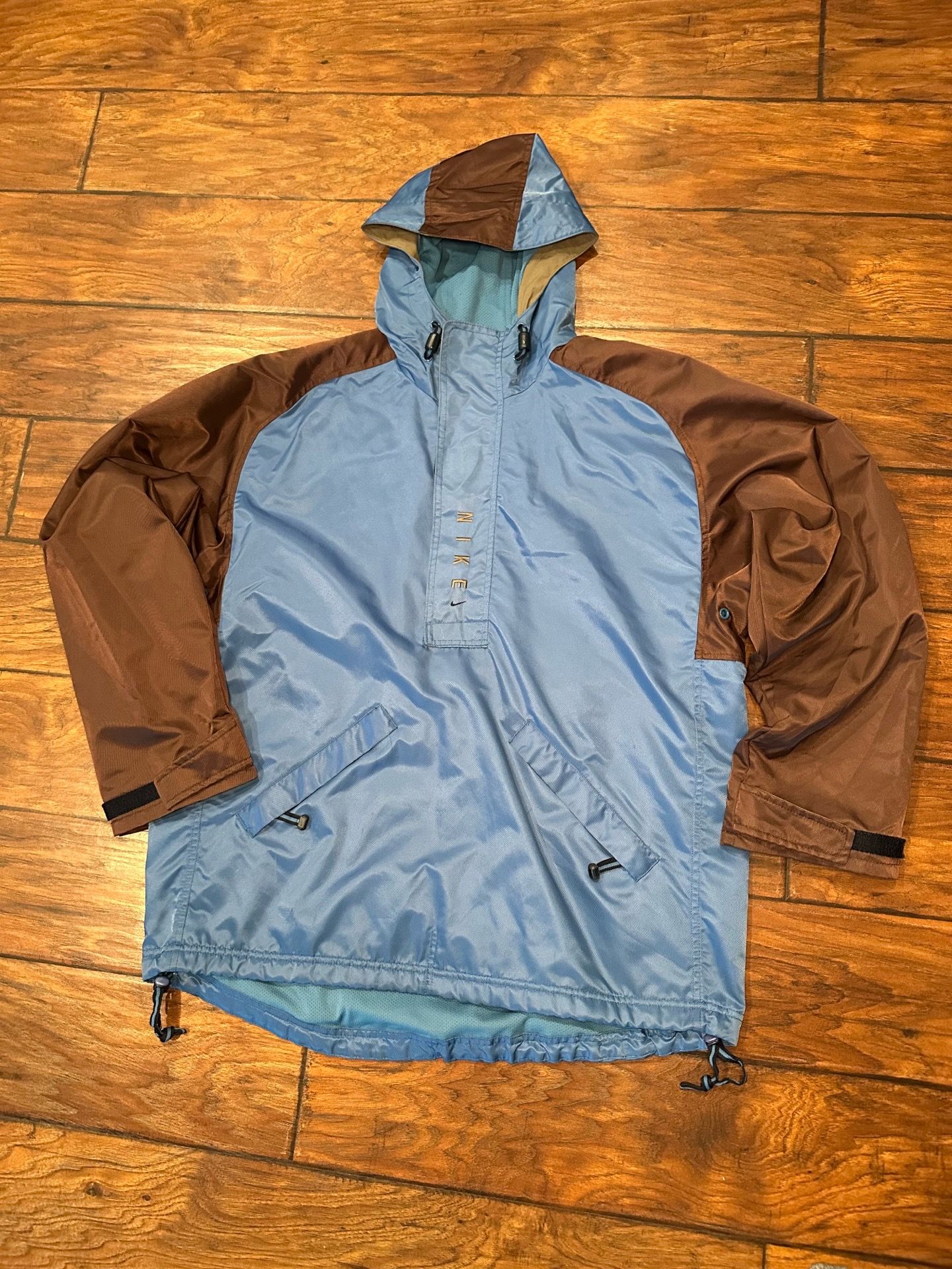 Vintage Nike Pullover Anorak Jacket Blue Brown Hooded Windbreaker Size Large Y2K