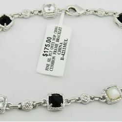 GENUINE ONYX, WHITE SAPPHIRE & MOTHER PEARL BRACELET SILVER PLATED * NWT