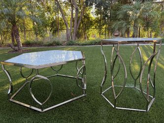 Set of coffee table and end table, metallic and tempered glass
