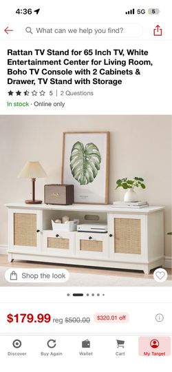 Rattan TV Stand for 65 Inch TV, White Entertainment Center for Living Room, Boho TV Console with 2 Cabinets & Drawer, TV Stand with Storage