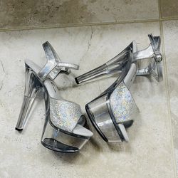 Like New Without Box 6” High Heels Clear Women's Open Toe Ankle Strap Sandals, Pumps Shoes, Size 5, 5.5