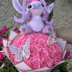 Valentines Day Eternal Roses Bouquet With Stuffed Animal.