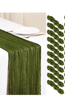 Pack of 10 Olive Green Cheesecloth Table Runners (17 x 108 Inches) – Boho Sheer Rustic Table Decor for Weddings, Parties, and Bridal Showers