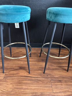 Teal Velvet Bar Stools with Gold Footrest – Set of 2