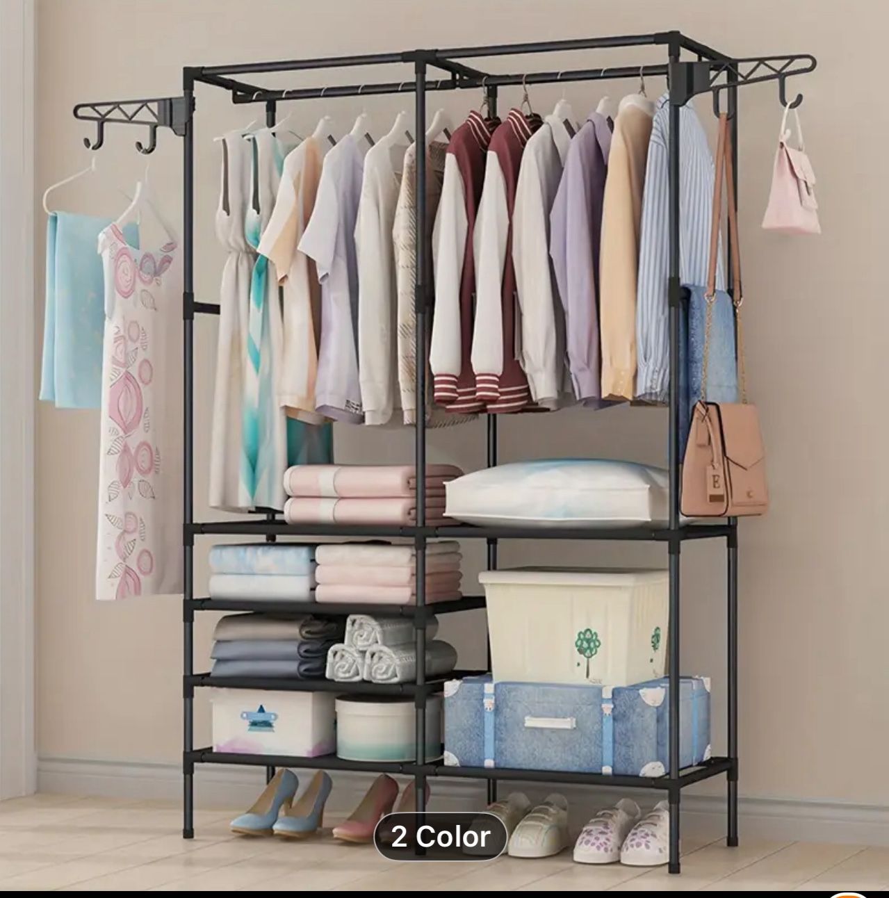 Freestanding Metal Garment Rack with Adjustable Shelves – Multifunctional Organizer for Coats, Hats, Umbrellas, Shoes – Modern Black Iron Wardrobe for