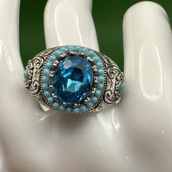 “The Gem” Blue Topaz/Turquoise Color Settings, Silver Metal Color Ring New