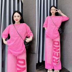 Women’s Casual 2-Piece Lounge Set – Oversized T-Shirt & Wide Leg Pants | One Size | Multiple Colors