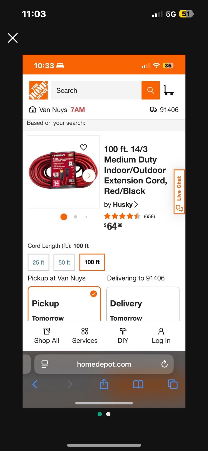 Husky 100FT Extension Cord 14 Gauge