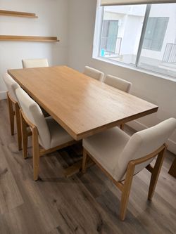 Target Studio McGee Pedestal Dining Table + 6 Upholstered Chairs — Light Oak, Seats 6