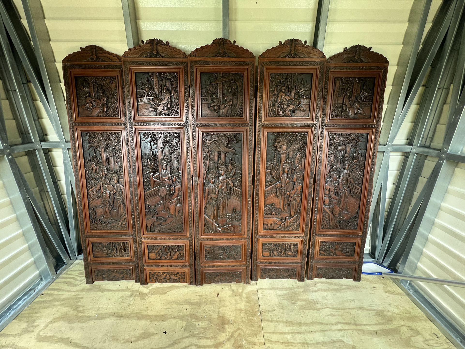 Asian Carved Wood Screen Room Divider Panels  Antique