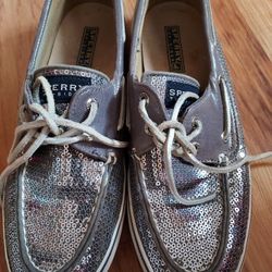 Sperry Top Sider Womens 7.5 Bling Sequins Shiny Silver Deck Boat Casual Shoes 