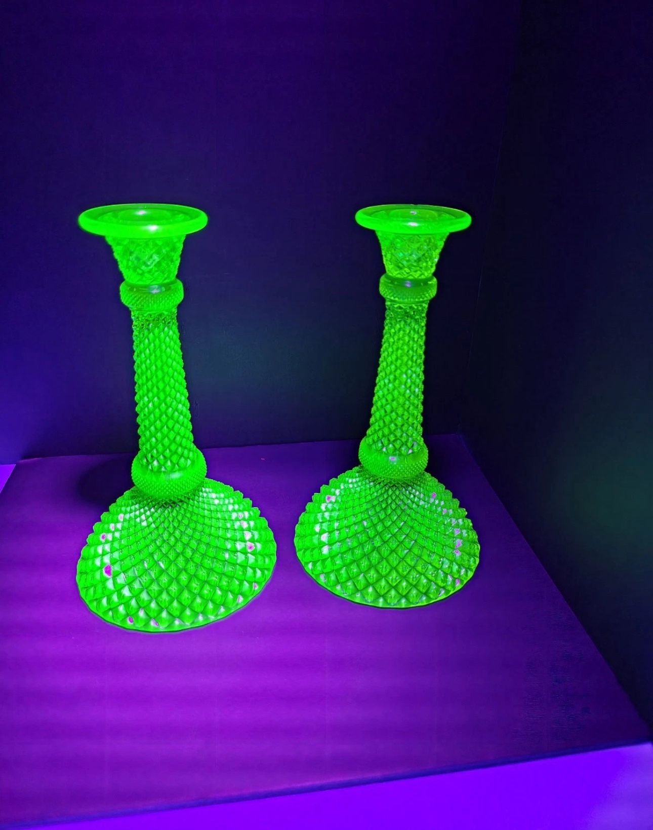 Vintage Candlestick Holders Green Vaseline Uranium Diamond Pattern