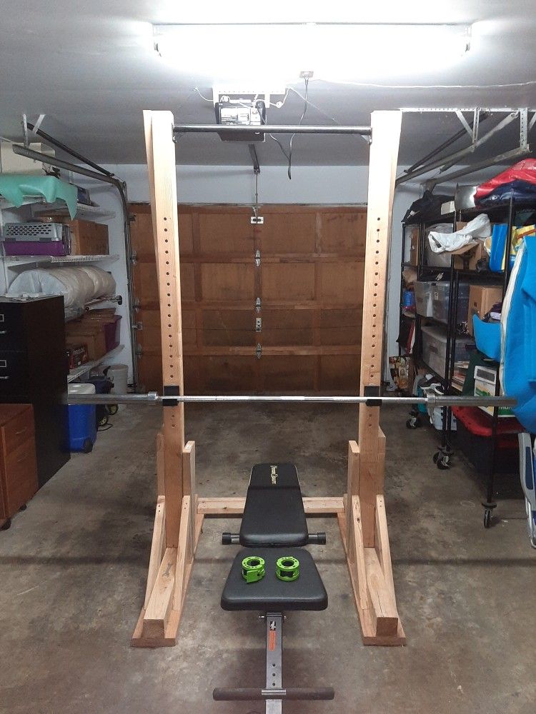 HOME GYM: Power Rack with Barbell, Weights, Clamps and Adjustable Bench