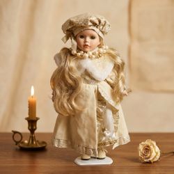 Vintage Porcelain Doll with Winter Holiday Outfit