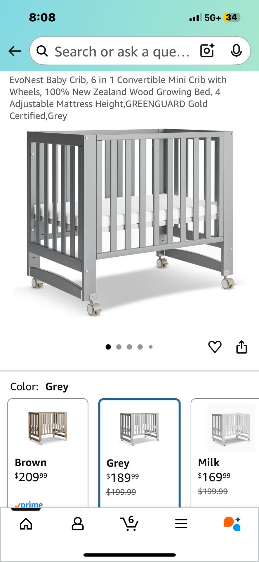 EvoNest Baby Crib, 6 in 1 Convertible Mini Crib