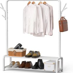 SIMPLE HOUSEWARE 52-Inch White Garment Clothes Rack w/ Storage Shelves and Coat/Hat Hooks (NEW)
