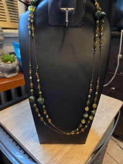 Long Layered Green Beaded Chain Necklace