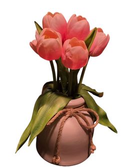 Artificial Pink Tulips in White Ceramic Vase, Faux Floral Decor