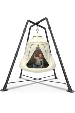 Swing Set with Tent Swing, Hanging Tree Tent w/Stand 330 lbs, X-Shaped 32mm Steel Frame,with LED Lights, Indoor Outdoor Use, Beige