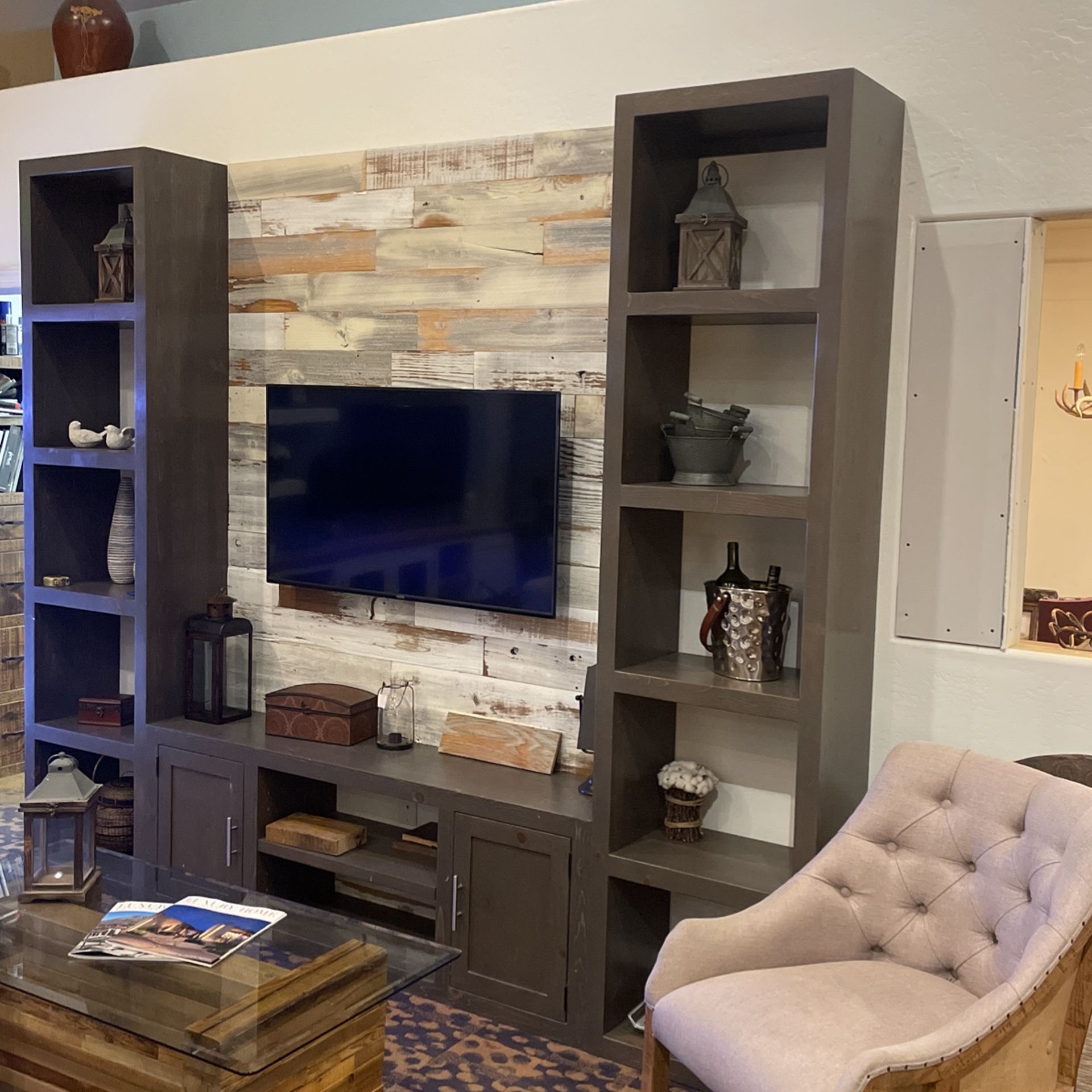 Entertainment Wall , Double Walled , Gray Stain , Solid Wood , Was $6000 Take $1000