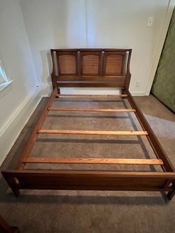 Vintage Mid-Century Modern Walnut Bed Frame with Woven Inserts - Queen