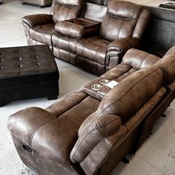 Reclining Sofa And Loveseat With Console Set-Brown✅️Living Room Set