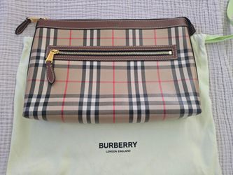 Auth BURBERRY Vintage Check Gabardine Clutch Archive Beige Tan - New