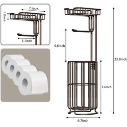 Toilet Paper Holder Stand, Free Standing Toilet Paper Holder with Shelf, Toilet Tissue Holder for Bathroom, Toilet Paper Stand with Storage and Dispen