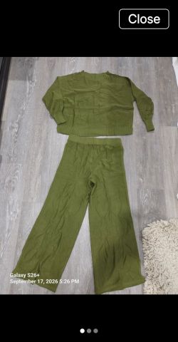 Olive Green Knit Sweater and Wide-Leg Pants Set