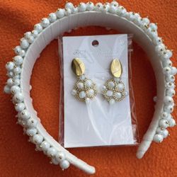 Handmade Headband With Earrings As A Set Color White