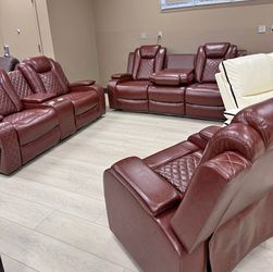 Power electric brown leather fully reclining couch set