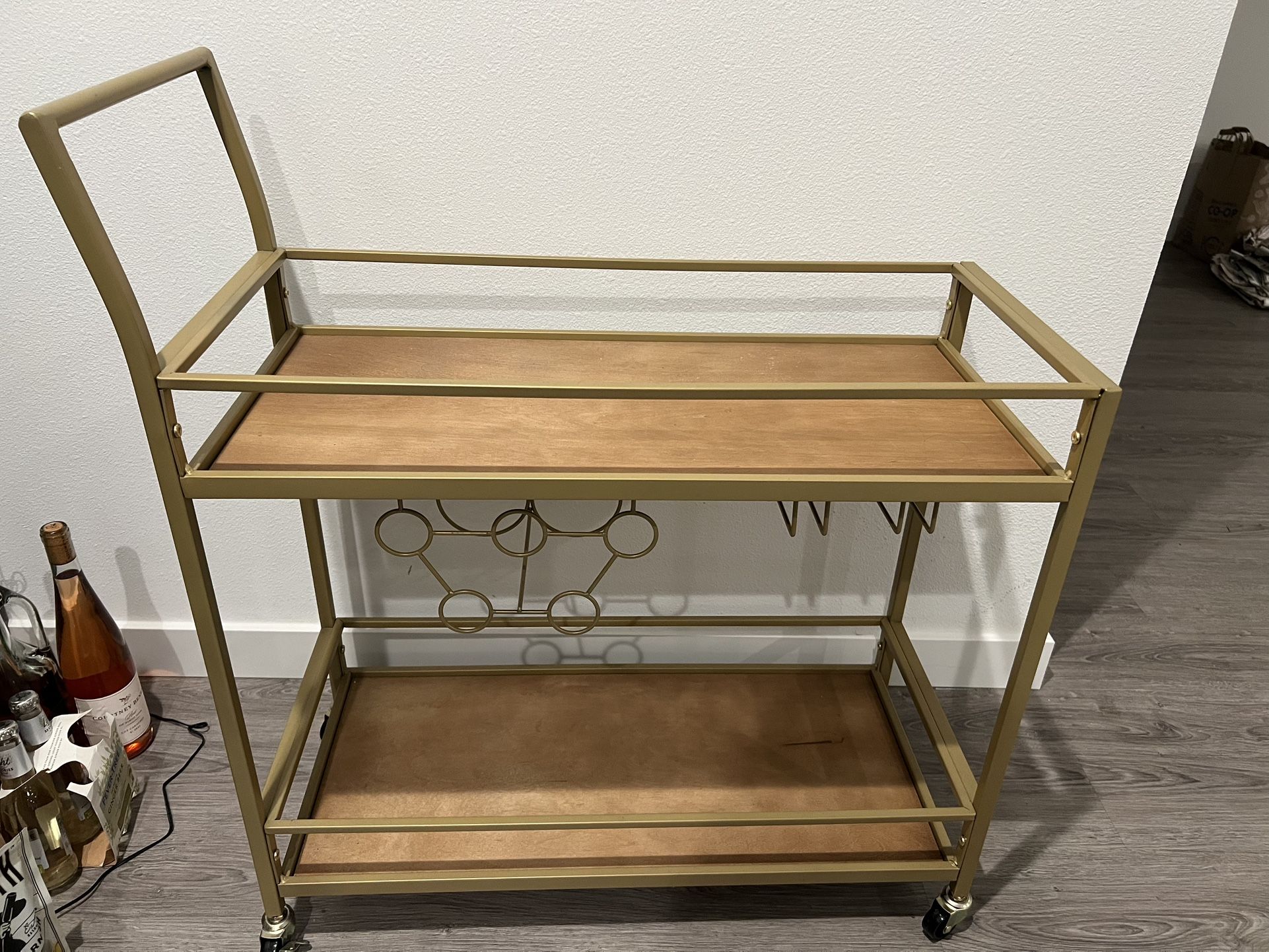 Gold Bar Cart w/ Wood Shelves, Wine Rack & Stemware Holder – Rolling