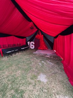 20 x 20 tent with draping, tables, chairs, marquees and decorations