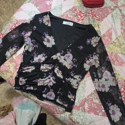 Floral Black Long Sleeve V Cut