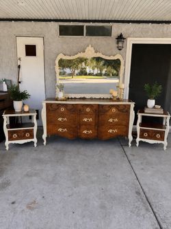 Victorian style dresser with mirror and matching nightstands