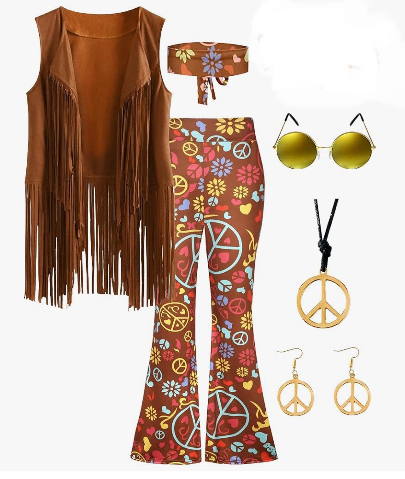 60s 70s Outfit For Women Hippie Costume 8pcs Fringe Vest Flared Pants Costume Peace Sign Necklace Earrings Size M