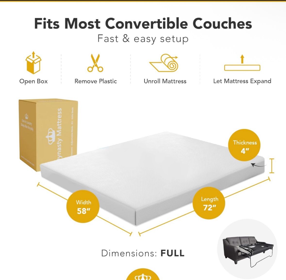 DynastyMattress Sofa Bed Mattress Full Size 4-inch Cool Gel Memory Foam Sleeper
