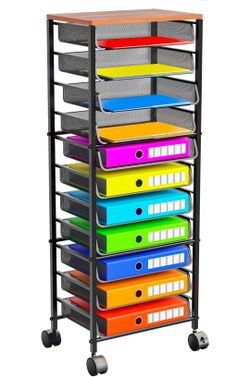 Simple Trending 12 Tier Rolling File Cart,Wood Desk File Organizer with Sliding Trays and Wetal Mesh Paper Letter Storage Multi-Functional Rolling Clu