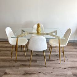 White Gold Velvet Glass Dining Set 