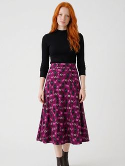 Lularoe purple geometric floral print elastic waist pull on slinky midi skirt, size M
