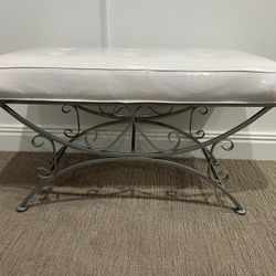 Antique Silver Bench w/White Pleather Reupholstery Reupholstered in White Tufted Pleather Hollywood Regency Style a few minor imperfections bc white 3