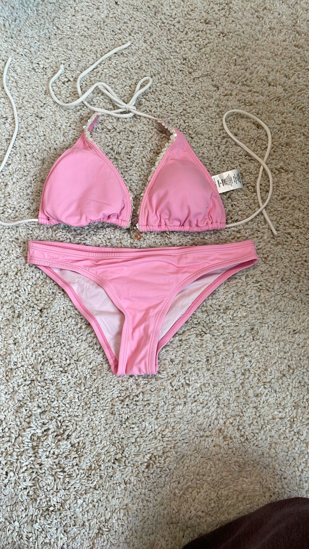 Swimsuit Bikini White Pink medium triangle top Small Bottom