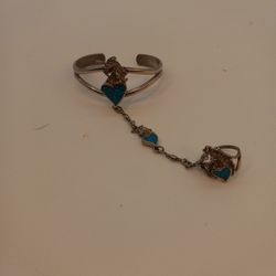 VTG Ege 90 Silver Tone CrushTurquoise Unicorn Heart Slave Bracelet Cuff Ring 