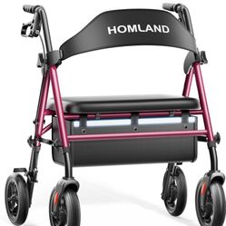 HOMLAND Bariatric Walkers for Seniors, 500lb Heavy Duty Rollator Walker with Extra Wide Padded Seat, 8 All Terrain Foldable Rolling Walker with Dual-H
