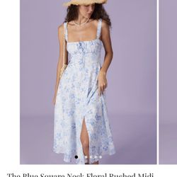 Blue Square Neck Floral Ruched Midi
