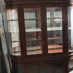 Antique 1890s Curved Glass China Cabinet - Oak Bow Front
