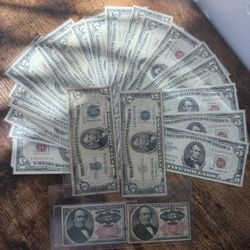 Lot of 39 US Bills Including: $5 Bills and 25 cent fractional notes