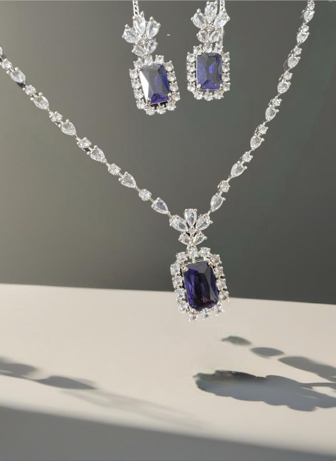 Silver Toned Sapphire And CZs Necklace Set