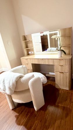 Vanity Desk with Lighted Mirror and Shelves